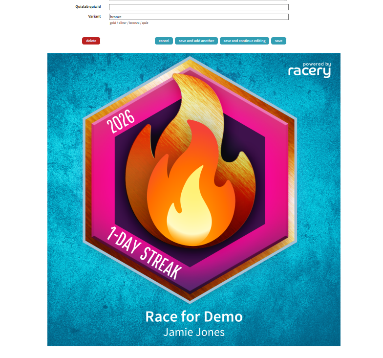 Bronze streak badge preview showing 1-Day Streak, race title, and racer name